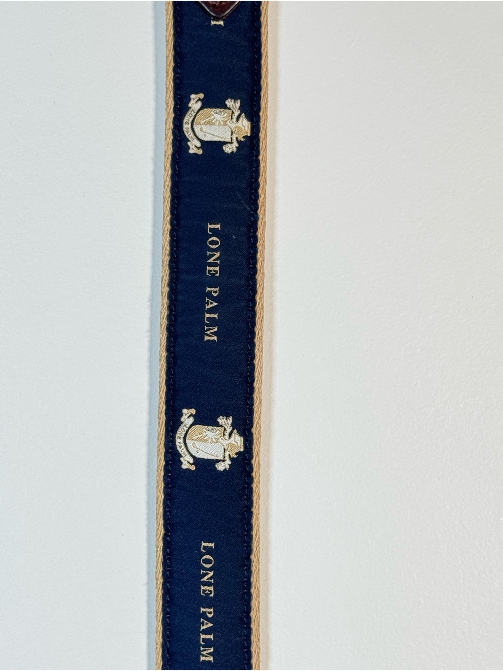 Lone Palm YRI Embroidered Surcingle Belt Navy Khaki Leather Brass Buckle 39 USA